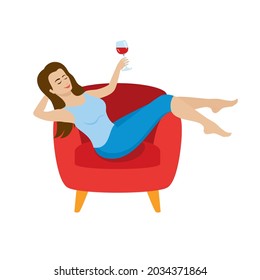 Woman relaxing in an armchair   drinking wine icon vector  Happy woman resting and hands behind her head vector  Young woman sitting in red chair icon isolated white background