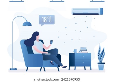 Woman relaxing in armchair at home. Living room interior. Female character turning on air conditioner system, holding remote control device. 18 degrees Celsius. Comfort at home. Vector illustration