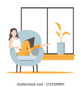 Woman relaxing in armchair with laptop. Vector illustration.