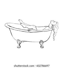 Woman Relaxing In Bath With Eyes Closed. Hand Drawn Vector Stock Illustration. Whiteboard Black And White Drawing