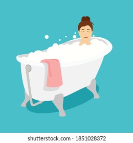 Woman relaxing in bath with foam bubbles. Taking bath in bathtube. Bath time. Vector