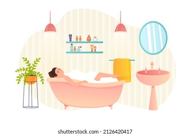 Woman relaxing in bath at spa salon flat concept people scene. Happy client lies bubble bath and young girl enjoys body treatment, washing at bathroom. Vector illustration for web banner design