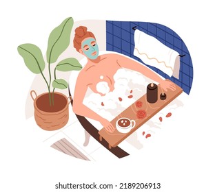 Woman relaxing in bath tub with soap foam, cosmetic face mask. Young girl lying in bathtub with bathroom tray, candles, cup at home. Flat graphic vector illustration isolated on white background