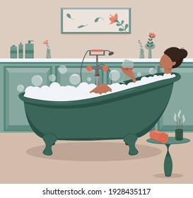 Woman is relaxing in the bathroom after hard day