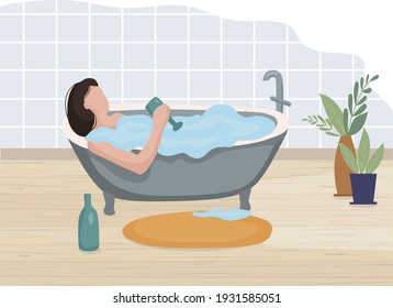 Woman relaxing in the bathroom with a glass of wine. Relaxing after a day of work. Vector flat illustration.