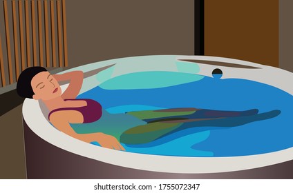 Woman relaxing in bathtub. Bath time illustration