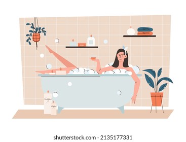 Woman relaxing in bathtub. Beauty treatments and relaxation after work, beauty and hygiene. Romantic evening, aromatherapy and spa. Girl washing body indoor. Cartoon flat vector illustration