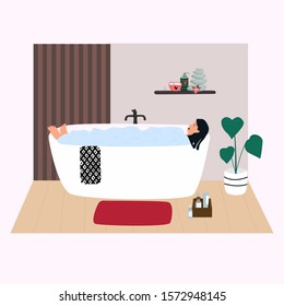 Woman relaxing in bathtub  with bubbles. Young girl taking a bath in  bathroom. Cute interior in trendy Scandinavian style. Everyday routine. Flat vector in cute cartoon style