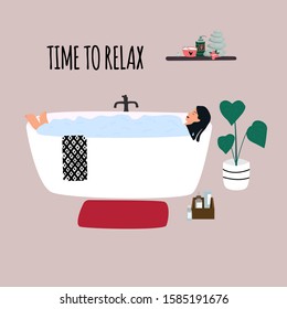 Woman Relaxing In Bathtub With Bubbles. Young Girl Taking A Bath In Bathroom. Cute Interior In Trendy Scandinavian Style. Take Time To Relax. Flat Vector In Cute Cartoon Style