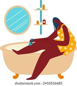 Woman relaxing in a bathtub with a flower patterned bathrobe. Comfortable home spa and self-care routine. Bath time and bathroom interior vector illustration.