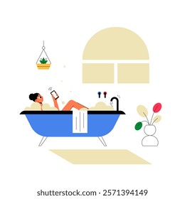 Woman Relaxing In Bathtub With Smartphone, Bubbles, And Decorative Elements In Flat Vector Illustration Symbolizing Self Care, Relaxation, And Wellness, Isolated On White Background.