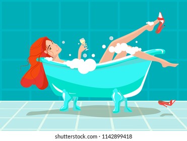 Woman relaxing in bathtub with wine. Bath with foam isolated on background. Spa in bathroom interior. Vector illustration. Flat style design