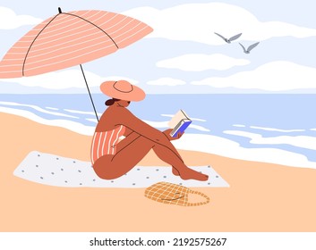 Woman relaxing with book on beach on summer holiday. Suntanned girl reading and sunbathing on towel, sand under umbrella. Person at seaside, resort on summertime vacation. Flat vector illustration