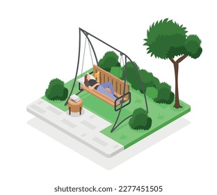 Woman relaxing with book on wooden swing outdoors isometric composition vector illustration