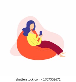 a woman relaxing by using a cellphone to avoid coronavirus, the COVID-19 WFH concept in a flat style