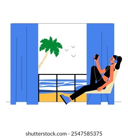 Woman Relaxing By The Window With Ocean View In Flat Vector Illustration Symbolizing Vacation, Relaxation, And Leisure, Isolated On White Background