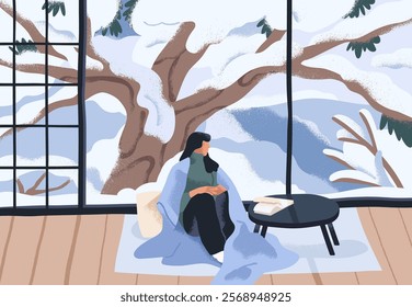 Woman relaxing by window with winter landscape view. Calm rest alone, enjoying snow outside, sitting in cozy warm house interior. Home relaxation in peace and solitude. Flat vector illustration