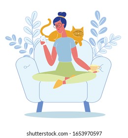 Woman Relaxing with Cat Flat Vector Illustration. Girl, Cute Pet Sitting in Armchair at Home. Female Character, Chatting Online Using Smartphone, Drinking Hot Tea. Domestic Animal Sleeping