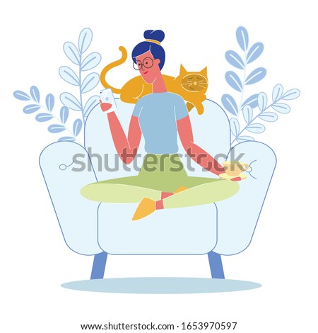 Woman Relaxing with Cat Flat Vector Illustration. Girl, Cute Pet Sitting in Armchair at Home. Female Character, Chatting Online Using Smartphone, Drinking Hot Tea. Domestic Animal Sleeping