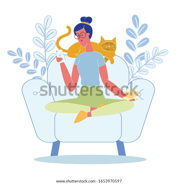 Woman Relaxing Cat Flat Vector Illustration Stock Vector (Royalty Free ...