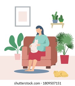 Woman relaxing with cats.  Girl, cute pets sitting in armchair at home. Female Character. Domestic Animal Sleeping. Adorable woman spending time at home with her domestic animals. 