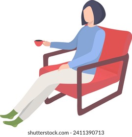 Woman relaxing in chair with cup of tea. Modern female enjoys cozy moment. Leisure time and relaxation vector illustration.