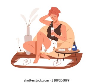 Woman relaxing, chilling at cozy comfortable home. Young girl with towel on head during calm relaxation restoration with drink and incense stick. Flat vector illustration isolated on white background