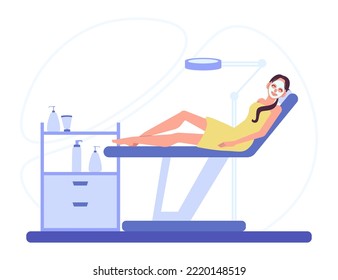 Woman relaxing with clay facial mask in beauty salon. Girl is lying on the medical couch. Cartoon flat style. Vector illustration isolated on white background.