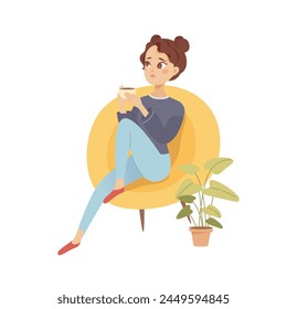 Woman relaxing with coffee or tea at home. Girl enjoying hot drink sitting in chair. Happy female person resting in room. Calm cozy interior vector illustration.