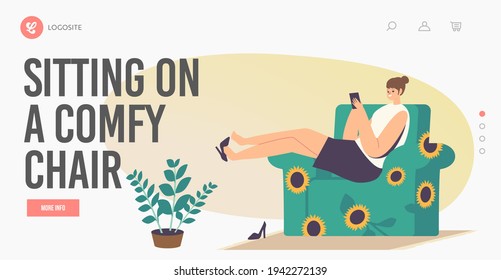 Woman Relaxing in Comfy Chair Landing Page Template. Relaxed Female Character Sitting in Relaxed Pose on Chair with Sunflower Print at Home Looking on Screen of Smartphone. Cartoon Vector Illustration