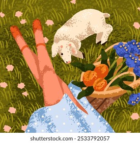 Woman relaxing in countryside. Legs in dress on grass, flowers and fruits in basket, cute lamb animal. Cottagecore vibe on country meadow. Leisure time in nature, summer day. Flat vector illustration