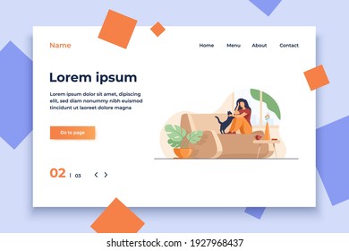 Woman relaxing at cozy home. Girl sitting on couch and petting cat. Vector illustration for comfort, hygge, house, apartment concept