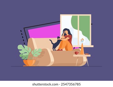 Woman relaxing at cozy home. Girl sitting on couch and petting cat. Vector illustration for comfort, hygge, house, apartment concept