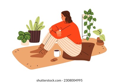 Woman relaxing at cozy home on winter holiday. Young girl in warm socks, sitting on floor with tea mug. Female alone with coffee cup, plants. Flat vector illustration isolated on white background