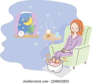 Woman relaxing in foot bath before going to bed at night