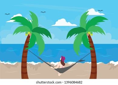 woman relaxing in a hammock in the shade of a coconut tree on a hot summer in the beautiful day

