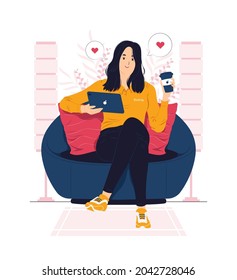 Woman relaxing at home and getting coffee break concept illustration
