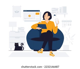 Woman relaxing at home and getting coffee break while watching streaming video online concept illustration