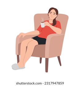 Woman relaxing at home and getting coffee break concept. Flat vector illustration isolated on white background