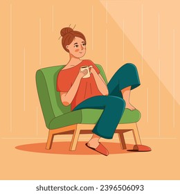 Woman relaxing at home and getting coffee break concept illustrations