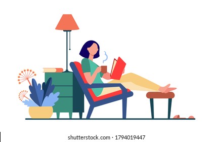 Woman relaxing at home. Girl drinking hot tea, reading book in armchair flat vector illustration. Leisure, evening, literature concept for banner, website design or landing web page