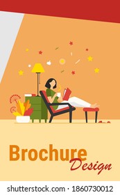 Woman relaxing at home. Girl drinking hot tea, reading book in armchair flat vector illustration. Leisure, evening, literature concept for banner, website design or landing web page