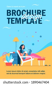 Woman relaxing at home. Girl drinking hot tea, reading book in armchair flat vector illustration. Leisure, evening, literature concept for banner, website design or landing web page