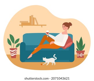 Woman relaxing at home. Girl lies on couch with glass of wine or juice in her hands, next to cat playing with ball. Weekend at apartment, lifestyle, cozy, comfort. Cartoon flat vector illustration