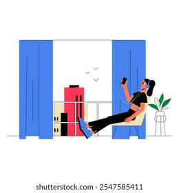 Woman Relaxing At Home Listening To Music On Smartphone In Flat Vector Illustration Symbolizing Leisure, Entertainment, And Digital Lifestyle, Isolated On White Background