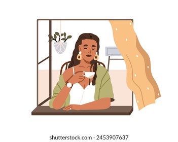 Woman relaxing at home, looking out open window, enjoying coffee cup. Girl inhaling fresh air, drinking tea in morning time. Happy calm leisure. Flat vector illustration isolated on white background