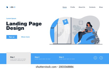 Woman relaxing at home while robot washing window. Female character sitting in armchair while machine cleaning room. Flat vector illustration for robotic cleaner, smart home, automation concept