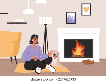 Woman relaxing in home. Young girl sits in apartment near fireplace with dog. Comfort and coziness. holiday and vacation and winter holiday. Peaceful rest by fireside. Cartoon flat vector illustration