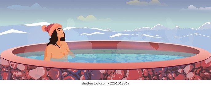 Woman relaxing in hot bath outdoor, enjoying thermal spa at snowy mountains. Winter holidays in the mountains, hot water treatments concept. 