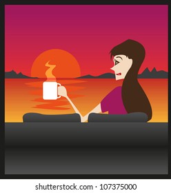 Woman relaxing with a hot drink and enjoying sunrise on her sofa